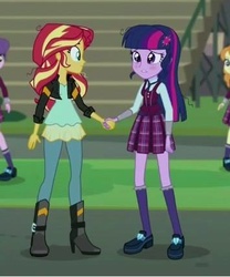 Size: 355x426 | Tagged: safe, screencap, orange sherbette, sci-twi, sunset shimmer, suri polomare, twilight sparkle, equestria girls, g4, my little pony equestria girls: friendship games, blushing, female, holding hands