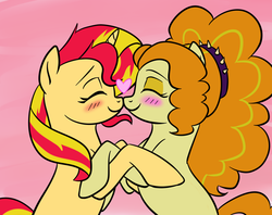 Size: 2373x1879 | Tagged: safe, artist:catlover1672, adagio dazzle, sunset shimmer, earth pony, pony, unicorn, g4, blush lines, blushing, boop, cute, duo, duo female, earth pony adagio dazzle, equestria girls ponified, female, heart, lesbian, mare, noseboop, nuzzling, pink background, ponified, ship:sunsagio, shipping, simple background