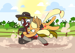 Size: 2857x2014 | Tagged: safe, artist:mickeymonster, applejack, oc, g4, high res, wrestling