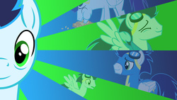 Size: 1920x1080 | Tagged: safe, artist:sighoovestrong, soarin', pony, g4, collage, goggles, looking at you, male, pie, smiling, solo, stallion, style emulation, that pony sure does love pies, vector, wallpaper, wonderbolts uniform, worried