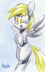 Size: 800x1274 | Tagged: safe, artist:flowbish, derpy hooves, pegasus, pony, g4, female, floating, mare, solo, traditional art, watercolor painting