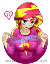 Size: 1024x1319 | Tagged: safe, artist:silver-wingx, sunset shimmer, equestria girls, g4, blushing, breasts, busty sunset shimmer, clothes, female, human coloration, pajamas, simple background, solo, thank you, transparent background