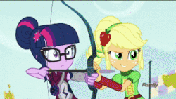 Size: 320x180 | Tagged: safe, screencap, applejack, sci-twi, twilight sparkle, equestria girls, g4, my little pony equestria girls: friendship games, ace ventura, animated, arrow, arrow in the knee, bow (weapon), bow and arrow, female, gif, jim carrey, screaming, shooting, weapon