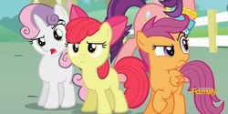 Size: 1348x674 | Tagged: safe, screencap, apple bloom, scootaloo, spoiled rich, sweetie belle, crusaders of the lost mark, g4, confused, cutie mark crusaders, insulted, raised eyebrow