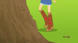 Size: 320x179 | Tagged: safe, screencap, applejack, equestria girls, g4, my little pony equestria girls: friendship games, animated, apple, boots, clothes, cowboy boots, female, food, loop, shoes, skirt, solo