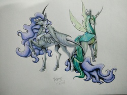 Size: 4160x3120 | Tagged: safe, artist:begasus, nightmare moon, queen chrysalis, alicorn, changeling, changeling queen, pony, g4, duo, female, leonine tail, lesbian, mare, raised hoof, realistic horse legs, ship:chrysmoon, shipping, traditional art, wing claws