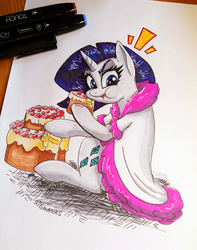 Size: 2862x3630 | Tagged: safe, artist:sigmanas, rarity, pony, g4, :t, back, bathrobe, cake, caught, clothes, eating, female, high res, hoof hold, robe, sitting, solo, surprised, this will end in weight gain, traditional art, щщоки