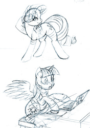 Size: 589x838 | Tagged: safe, artist:brianblackberry, rarity, twilight sparkle, alicorn, pony, g4, bottomless, clothes, computer, desk, female, laptop computer, mare, monochrome, partial nudity, pose, sitting, sketch, sketch dump, socks, sweater, twilight sparkle (alicorn)