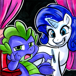 Size: 1500x1500 | Tagged: safe, artist:joshuadraws, rarity, spike, g4, bored, cute, excited, manicure, nail file, traditional art