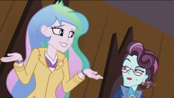 Size: 1440x810 | Tagged: safe, screencap, princess celestia, principal abacus cinch, principal celestia, equestria girls, g4, my little pony equestria girls: friendship games, dunno, duo, grin, nervous, nervous smile, shrug, smiling