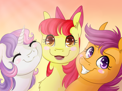 Size: 4000x3000 | Tagged: safe, artist:chiweee, apple bloom, scootaloo, sweetie belle, g4, adorabloom, cute, cutealoo, cutie mark crusaders, diasweetes, wingding eyes