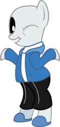 Size: 401x843 | Tagged: safe, artist:derjuin, pony, bipedal, clothes, grin, looking at you, ponified, sans (undertale), shrug, simple background, slippers, smiling, solo, sweater, transparent background, undertale, wink