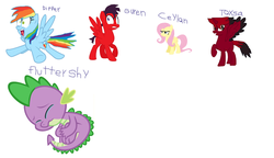 Size: 800x462 | Tagged: safe, fluttershy, rainbow dash, spike, oc, g4, body swap, ceylan, dipper pines, gravity falls, guren, male, toxsa