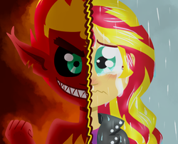Size: 680x550 | Tagged: safe, artist:alittleofsomething, sunset shimmer, demon, equestria girls, g4, antagonist, clothes, crying, duality, fanfic, fanfic art, fanfic cover, fire, grin, jacket, looking at you, rain, sad, smiling, solo, sunsad shimmer, sunset satan, wet, wet hair
