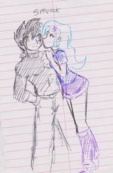 Size: 1340x2044 | Tagged: safe, artist:elgatosabio, trixie, oc, oc:dan, human, g4, canon x oc, cheek kiss, duo, female, humanized, kissing, lined paper, male, shipping, sketch, traditional art