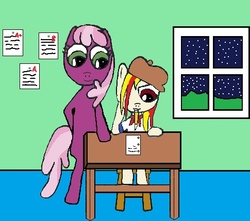 Size: 485x429 | Tagged: safe, artist:mlpsilverstream, cheerilee, oc, oc:starburst, g4, desk, hat, night, paper, pencil, tutoring