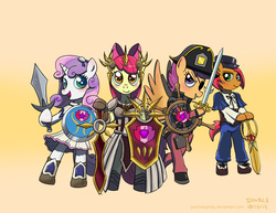 Size: 2200x1700 | Tagged: safe, artist:peichenphilip, apple bloom, babs seed, scootaloo, sweetie belle, crusaders of the lost mark, g4, armor, armor skirt, clothes, cutie mark, cutie mark crusaders, demoknight, demoloo, demoman, demoman (tf2), league of legends, leona, open mouth, pirate, pyrrha alexandra, rozen maiden, scissors, shield, simple background, skirt, soul calibur, souseiseki, sword, team fortress 2, the cmc's cutie marks, tide turner