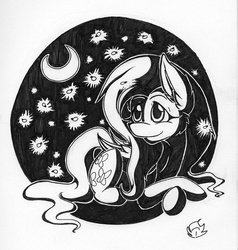 Size: 1606x1687 | Tagged: safe, artist:nekotigerfire, fluttershy, firefly (insect), g4, female, inktober, monochrome, moon, prone, solo, traditional art