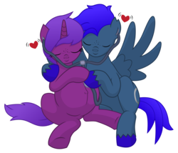 Size: 12600x10800 | Tagged: safe, artist:xniclord789x, oc, oc only, pegasus, pony, unicorn, absurd resolution, couple, cuddling, earbuds, eyes closed, female, freckles, heart, hoof around neck, horn, hug, listening, male, pegasus oc, pregnant, simple background, sitting, smiling, snuggling, spread wings, stethoscope, straight, transparent background, underhoof, unicorn oc
