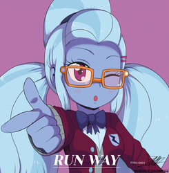 Size: 1543x1574 | Tagged: safe, artist:the-butch-x, sugarcoat, equestria girls, g4, my little pony equestria girls: friendship games, blushing, bowtie, breasts, busty sugarcoat, clothes, crystal prep academy uniform, female, finger gun, glasses, looking at you, open mouth, school uniform, signature, solo, sugarcute, wink