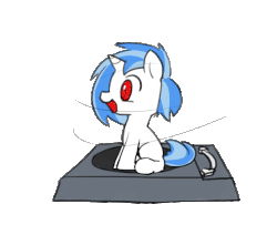 Size: 621x526 | Tagged: safe, artist:valcron, dj pon-3, vinyl scratch, g4, animated, cute, female, filly, music player, solo, spinning, turntable pony, vinylbetes, wrong eye color, younger