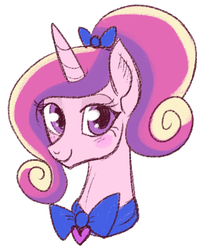 Size: 384x446 | Tagged: safe, artist:lulubell, princess cadance, alicorn, pony, g4, alternate hairstyle, blushing, bow, bowtie, bust, female, mare, ponytail, portrait, simple background, solo, white background