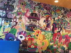 Size: 600x450 | Tagged: safe, artist:kayo horaguchi, applejack, fluttershy, pinkie pie, rainbow dash, rarity, twilight sparkle, alicorn, bear, pony, rabbit, g4, cutie mark magic, japanese, mane six, mural, my little pony cafe, traditional art, twilight sparkle (alicorn)