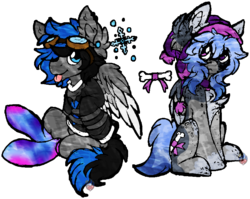 Size: 843x672 | Tagged: safe, artist:php166, oc, oc only, oc:kindred spirit, oc:special snowflake, pegasus, pony, adoptable, clothes, female, goggles, hat, male, siblings, socks, sweater, wings