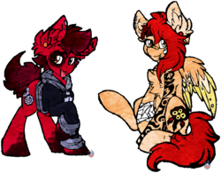 Size: 1038x811 | Tagged: safe, artist:php166, oc, oc only, oc:inked carnation, oc:outta time, earth pony, pegasus, pony, clothes, female, jacket, male, piercing, tattoo, wings