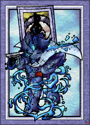 Size: 768x1068 | Tagged: safe, artist:php166, oc, oc only, alicorn, pony, alicorn oc, aura, card, commission, crossover, gun, horn, magic, male, persona, tarot card, the hanged man, weapon, wings