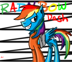 Size: 4179x3586 | Tagged: safe, artist:drakoraider, rainbow dash, pegasus, pony, g4, bound wings, clothes, female, prison outfit, prisoner, prisoner rd, smiling, solo