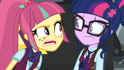 Size: 1920x1080 | Tagged: safe, screencap, sci-twi, sour sweet, twilight sparkle, equestria girls, g4, my little pony equestria girls: friendship games, bowtie, discovery family logo, faic, glasses, ponytail