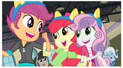 Size: 1517x837 | Tagged: safe, screencap, apple bloom, octavia melody, scootaloo, sweetie belle, trixie, equestria girls, g4, my little pony equestria girls: friendship games, cute, cutie mark crusaders, open mouth, smiling