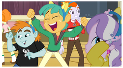 Size: 1510x837 | Tagged: safe, screencap, diamond tiara, heath burns, scribble dee, snails, snips, equestria girls, g4, my little pony equestria girls: friendship games, background human, dancing, end credits, eyes closed, right there in front of me, smiling, spoiler, the club can't even handle me right now