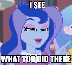 Size: 764x698 | Tagged: safe, screencap, princess celestia, princess luna, principal celestia, vice principal luna, equestria girls, g4, my little pony equestria girls: friendship games, caption, i see what you did there, image macro, meme, pointing, solo focus