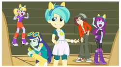 Size: 1517x837 | Tagged: safe, screencap, blueberry cake, cloudy kicks, mystery mint, normal norman, tennis match, equestria girls, g4, my little pony equestria girls: friendship games, background human, eyes closed, faic, photo, smiling
