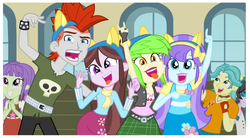 Size: 1511x836 | Tagged: safe, screencap, aqua blossom, brawly beats, cherry crash, crimson napalm, ringo, starlight, velvet sky, equestria girls, g4, my little pony equestria girls: friendship games, background human, devil horn (gesture), faic, right there in front of me, rocker, smiling, tongue out