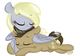 Size: 1280x929 | Tagged: safe, artist:lilliesinthegarden, derpy hooves, doctor whooves, time turner, earth pony, pegasus, pony, g4, blushing, cuddling, eyes closed, female, male, mare, prone, ship:doctorderpy, shipping, snuggling, stallion, straight