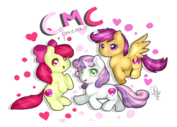 Size: 2271x1625 | Tagged: safe, artist:pillonchou, apple bloom, scootaloo, sweetie belle, crusaders of the lost mark, g4, cutie mark, cutie mark crusaders, heart, it happened, looking at you, open mouth, signature, the cmc's cutie marks, trio