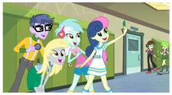 Size: 1515x845 | Tagged: safe, screencap, bon bon, cherry crash, derpy hooves, lyra heartstrings, micro chips, sophisticata, sweetie drops, equestria girls, g4, my little pony equestria girls: friendship games, adorabon, background human, cellphone, cute, derpabetes, end credits, group photo, lyrabetes, phone, right there in front of me, selfie, smiling