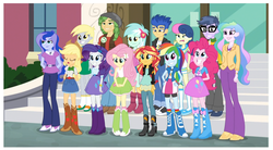 Size: 1513x837 | Tagged: safe, screencap, applejack, bon bon, derpy hooves, flash sentry, fluttershy, lyra heartstrings, micro chips, pinkie pie, princess celestia, princess luna, principal celestia, rainbow dash, rarity, sandalwood, sunset shimmer, sweetie drops, vice principal luna, equestria girls, g4, my little pony equestria girls: friendship games, background human, canterlot high, clothes, eyes closed, faic, group photo, humane five, pre sneeze, right there in front of me, shipping fuel, skirt, smiling, sneezing, wondercolts
