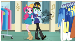 Size: 1513x840 | Tagged: safe, screencap, pinkie pie, rainbow dash, equestria girls, g4, my little pony equestria girls: friendship games, back to back, bobby hat, boots, cowboy boots, farmer pinkie, female, outfit, police uniform, rozzer dash, smiling