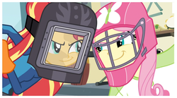 Size: 1511x840 | Tagged: safe, screencap, fluttershy, sunset shimmer, equestria girls, g4, my little pony equestria girls: friendship games, female, helmet, outfit, smiling, smirk