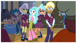 Size: 1510x841 | Tagged: safe, screencap, frosty orange, normal norman, paisley, thunderbass, trenderhoof, trixie, upper crust, equestria girls, g4, my little pony equestria girls: friendship games, background human, clothes, crystal prep academy students, crystal prep academy uniform, group photo, right there in front of me, school uniform, smiling, thumbs up