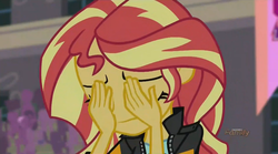 Size: 1440x803 | Tagged: safe, screencap, sunset shimmer, equestria girls, g4, my little pony equestria girls: friendship games, double facepalm, facepalm, female, reaction image, sad, solo, sunsad shimmer