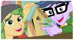 Size: 1513x838 | Tagged: safe, screencap, micro chips, sandalwood, equestria girls, g4, my little pony equestria girls: friendship games, bird house, photo, smiling