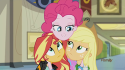 Size: 1440x805 | Tagged: safe, applejack, pinkie pie, sunset shimmer, equestria girls, g4, my little pony equestria girls: friendship games, applejack the anti-shipper, bedroom eyes, now kiss, shipper on deck, shipping fuel