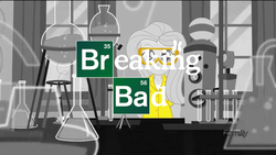 Size: 1440x810 | Tagged: safe, fluttershy, equestria girls, g4, my little pony equestria girls: friendship games, barium, breaking bad, bromine, bunsen burner, chemistry, clothes, erlenmeyer flask, female, florence flask, goggles, grayscale, lab coat, monochrome, partial color, periodic table, solo, test tube