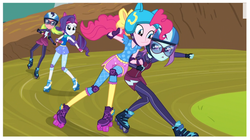 Size: 1507x841 | Tagged: safe, screencap, lemon zest, pinkie pie, rarity, sunny flare, equestria girls, g4, my little pony equestria girls: friendship games, outfit, rariskate, roller derby, roller skates, smiling, sporty style