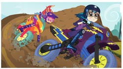 Size: 1501x842 | Tagged: safe, screencap, indigo zap, sunset shimmer, equestria girls, g4, my little pony equestria girls: friendship games, dirt, motorcross, motorcycle, smiling